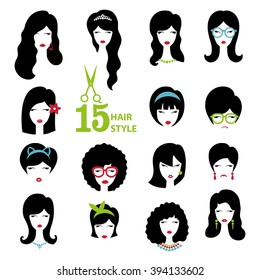 Hairstyle silhouette.Woman,girl,female hair with accessories.Beauty Vector,flat icons.Beautiful  style,avatars,fashion look set.Various hair,haircut,styling.Trendy Fashion vector,image,look,salon logo