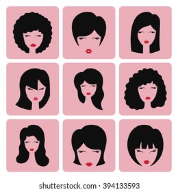 Hairstyle silhouette.Woman,girl,female hair icon on Pink button.Beauty vector,flat style.Beautiful avatar,different fashion look set.Various hair,haircut,styling.Trendy Fashion vector,image,salon logo