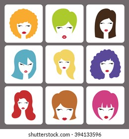 Hairstyle silhouette.Woman,girl,female hair icon.Beauty vector,Colorful  hair on button in flat style.Avatars,different fashion set.Various haircut,styling.Trendy Fashion vector,image,look,salon logo