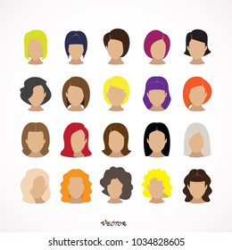 Hairstyle silhouette.Woman,girl,female hair,face.Beauty Vector,flat avatars.Beautiful hair style icon,fashion look set.Different hair color,haircut,styling.Trendy flat style.
avatar,image,logo