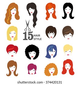 Hairstyle Silhouette.Woman,girl,female Hair,face.Beauty Vector,flat Avatars.Beautiful Hair Style Icon,fashion Look Set.Different Hair Color,haircut,styling.Trendy Flat Style.Fashion Avatar,image,logo