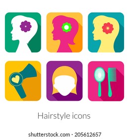 Hairstyle vector rectangular icons with rounded corners in flat style with long drop shadows