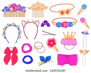 Hairstyles accessories. Glamour female style elements, girly barrettes, headbands and elastics, hair pins, decorative flowers, silk ribbons with bows, cartoon pink fashion objects vector set