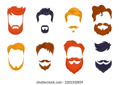 Hairstyles and beards for men flat vector illustrations set. Cartoon drawings of stylish male haircuts for hipsters, young and old characters isolated on white background. Barber shop concept