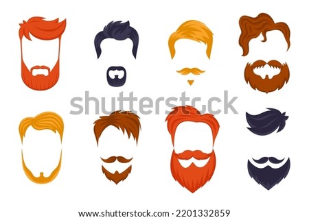 Hairstyles and beards for men flat vector illustrations set. Cartoon drawings of stylish male haircuts for hipsters, young and old characters isolated on white background. Barber shop concept