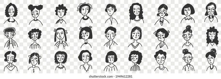 Hairstyles of brunette women and men doodle set