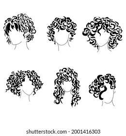 Hairstyles curly silhouettes set, womens trendy hairstyles for different hair lengths vector illlustration