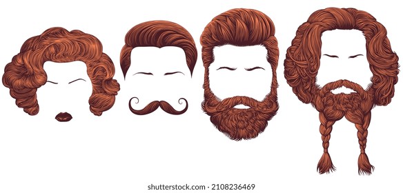 Hairstyles. Design set. Editable hand drawn illustration. Vector vintage engraving. 8 EPS