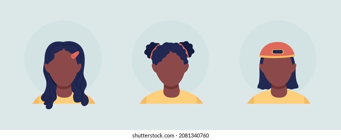 Hairstyles for girls semi flat color vector character avatar set. Kid with different hair. Portrait from front view. Isolated modern cartoon style illustration for graphic design and animation pack