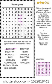 Hairstyles of men and women zigzag word search puzzle (suitable both for kids and adults). Answer included.