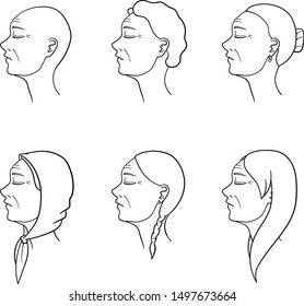 Hairstyles of six elderly women in lines