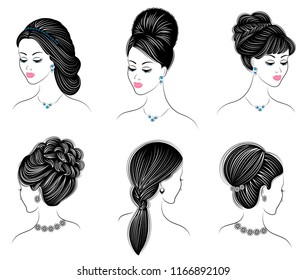 Hairstyles for woman on long hair, isolated on white background. A collection of graphic images. Set of vector illustrations.