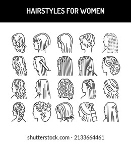 Hairstyles for women color line icons set. Pictograms for web page, mobile app, promo. UI UX GUI design element. Editable stroke.