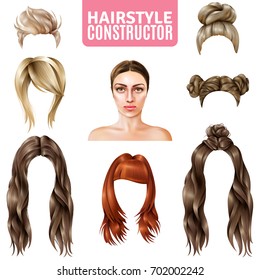 Hairstyles for women constructor including model, long and short hair, in bun, with fringe isolated vector illustration  