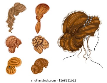 Hairstyles for women on long light brown hair, isolated on white background. Collection of graphic images. Set of vector illustrations.