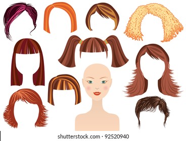 Hairstyle.Woman face and set of haircuts isolated on white for design