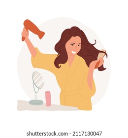 Hairstyling abstract concept vector illustration. Smiling girl making styling with hairdryer at home, model in robe posing with hairdryer in front of the mirror, beauty care abstract metaphor.