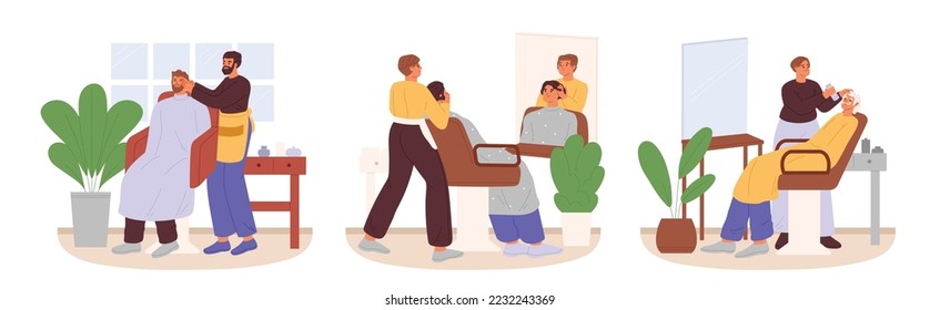 Hairstyling in barbershop set. Barbers doing hairdo and shaving beard of male clients in professional beauty grooming salon. Hairstyle service for man. Cartoon flat vector illustration