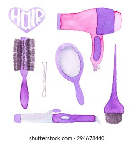 Hairstyling set. Hand-drawn tools. Real watercolor drawing. Vector illustration. Traced painting