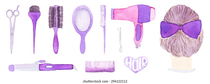 Hairstyling set. Hand-drawn tools. Real watercolor drawing. Vector illustration. Traced painting