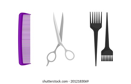 Hairstyling Tool with Comb and Scissors for Doing Hair Vector Set