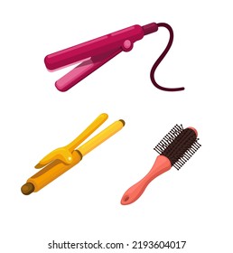 Hairstyling tools. hair straightener. hair curler and hairbrush symbol set  illustration vector