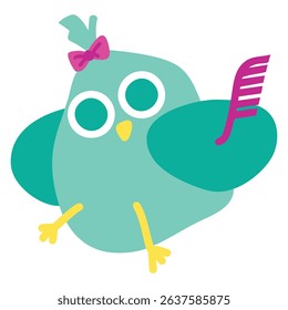 Hairstylist aqua blue bird holding purple hairbrush with DIY ponytail hairstyle tied with a cute magenta bow. Cartoon character mascot on isolated white background. Vector illustration, EPS 10.