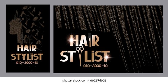 Hairstylist business cards with gold woman's hair. Vector illustration