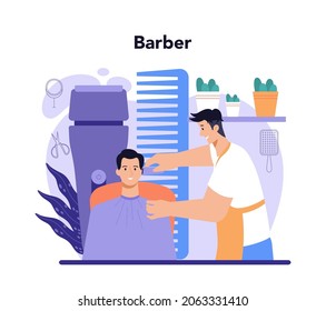 Hairstylist concept. Idea of hairdressing in salon. Scissors and brush, shampoo and haircut process. Hair coloring and styling. Isolated vector illustration