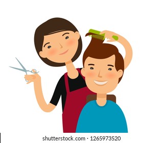 Hairstylist cutting hair. Men's hairstyle, beauty saloon concept. Funny cartoon vector illustration