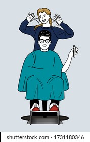 Hairstylist cutting hair. Men's hairstyle, beauty saloon concept.
hand drawn style vector design illustrations. 
