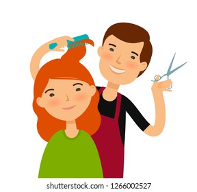 Hairstylist cutting hair. Women's haircut, beauty saloon, fashion concept. Funny cartoon vector illustration