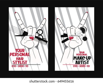 Hairstylist and makeup artist business cards with woman's hand holding tools. Vector illustration