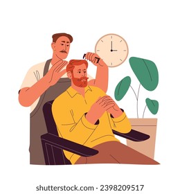 Hairstylist with mustache makeover client hairstyle by comb. Bearded customer sitting in barbershop. Hairdresser, barber work on hair style in beauty salon. Flat isolated vector illustration on white