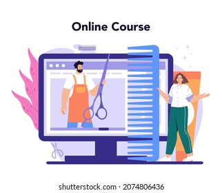 Hairstylist online service or platform. Idea of hairdressing in salon. Hair coloring and styling. Online course. Flat vector illustration