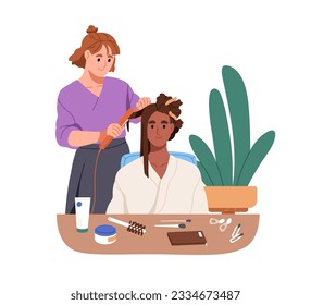 Hairstylist styling, straightening clients hair. Hairdresser doing hairstyle, hairdo with straightener tongs. Woman customer at beauty salon. Flat vector illustration isolated on white background