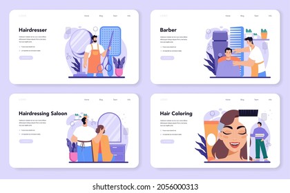 Hairstylist web banner or landing page set. Idea of hairdressing in salon. Scissors and brush, shampoo and haircut process. Hair coloring and styling. Isolated vector illustration