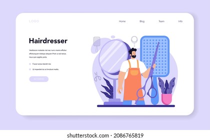 Hairstylist Web Banner Or Landing Page. Idea Of Hairdressing In Salon. Scissors And Brush, Shampoo And Haircut Process. Hair Coloring And Styling. Isolated Vector Illustration