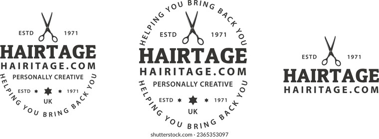 Logo de Hairtage vintage, plantilla de diseño de logotipo de corte de pelo