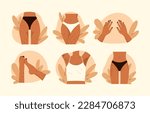 Hairy body collection. Female unshaved hairy legs, hands, armpit and pubic hair set. Body positive, normalize female body hair, skin care. Vector illustration in cartoon style. Isolated background