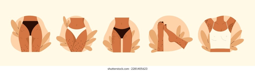 Hairy body collection. Female unshaved hairy legs, armpit and pubic hair set. Body positive, normalize female body hair, skin care. Vector illustration in cartoon style. Isolated white background svg