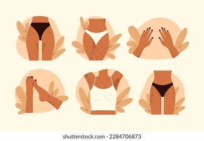 Hairy body collection. Female unshaved hairy legs, hands, armpit and pubic hair set. Body positive, normalize female body hair, skin care. Vector illustration in cartoon style. Isolated background svg