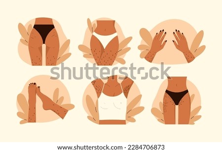 Hairy body collection. Female unshaved hairy legs, hands, armpit and pubic hair set. Body positive, normalize female body hair, skin care. Vector illustration in cartoon style. Isolated background Stock foto © 