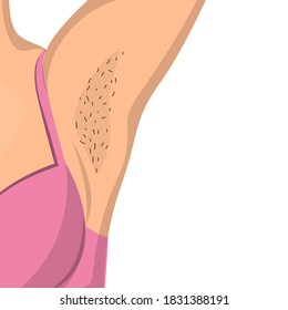 Hairy female armpit vector isolated. Body of the young woman. Black hair, idea of body positive. Pink underwear. Before hair depilation.