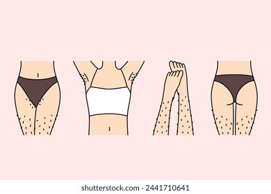 Hairy female legs and thighs in need of depilation or epilation using wax tape and sugaring. Body parts of girl in underwear, for advertising depilation services from cosmetologist