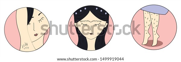 Hairy girl vector icons. Armpit hair,\
eebrow hair, leg hair illustration. Girly problems,\
