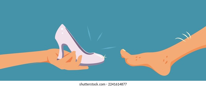 
Hairy Legged Princess Receiving a Glass Slipper for Trying on. Funny natural woman finding love like in fairy tales boring 
