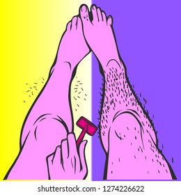 Hairy legs, razor in hand shaves one leg. Getting rid of hair. Vector illustration.