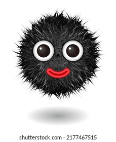 Hairy monster with black fluffy hair. Vector cute furry ball character.