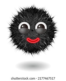 Hairy monster with black fluffy hair. Vector cute furry ball character.